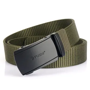 Military green nylon canvas tactical belt with a black automatic metal buckle