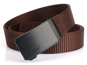 Detail of a brown woven nylon belt for men with a black matte automatic buckle and Tushi logo