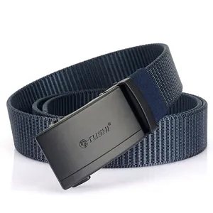 Men's Casual Nylon Belt With Zinc Alloy Automatic Buckle Holeless Breathable Webbing Waistband For Jeans Cargo Pants Outdoor Tactical