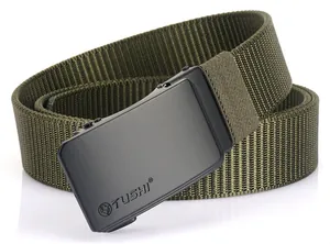 Detail of army green nylon tactical belt with a black matte automatic buckle and logo