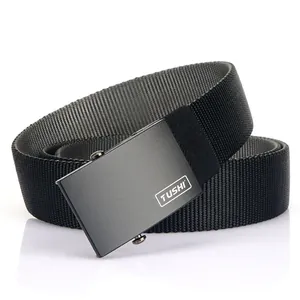 Men's heavy-duty nylon tactical belt with matte black automatic metal buckle and branding