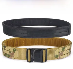 Detail of camouflaged tactical belt set with quick-release metal buckle and inner strap