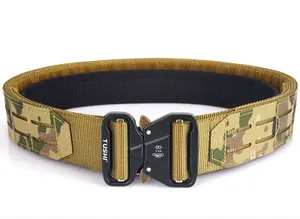 Close-up of camouflage tactical belt with quick-release metal buckle and 5KN load rating
