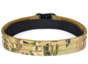 Detail of multicam tactical belt with laser-cut Molle system and quick-release buckle