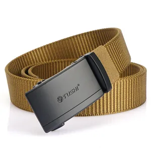 Men's nylon tactical belt with khaki woven strap and metallic automatic lion buckle