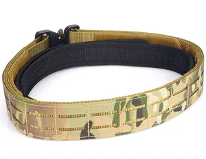 Detail of a tactical belt system with MOLLE laser-cut nylon and quick-release metal buckle