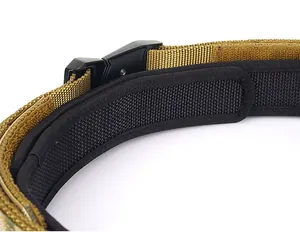 Close-up of heavy-duty nylon tactical belt with durable metal quick-release buckle