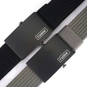 Men's casual nylon woven canvas belt with matte black automatic alloy buckle detail