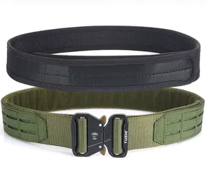 Detail of green tactical belt with heavy-duty metal quick release buckle and MOLLE system