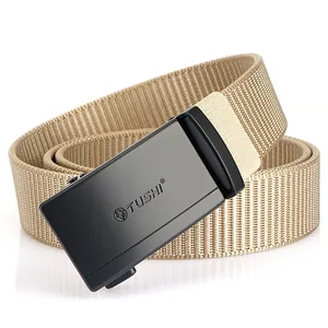 Men's khaki nylon canvas belt with black metal automatic buckle and woven texture