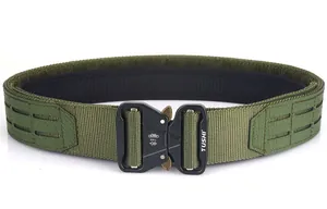 Detail of army green tactical belt with 5KN zinc alloy quick release buckle and MOLLE system