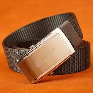 Men's outdoor canvas belt with brown woven strap and golden automatic slider buckle