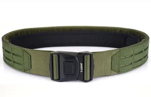 Detail of army green tactical belt with quick-release metal buckle and MOLLE system