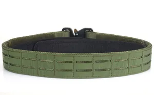Close-up of tactical belt with laser-cut MOLLE system and black metal quick-release buckle