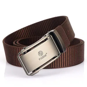 Ceinture pour hommes en nylon marron avec boucle automatique en métal brossé