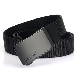 Men's black nylon tactical belt with matte automatic buckle and TUSHI logo on white background
