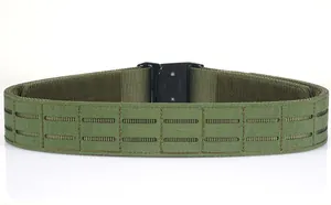 Detail of olive green tactical battle belt with MOLLE system and metal quick release buckle
