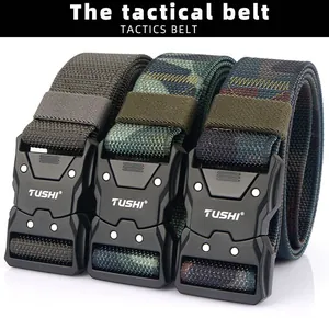 Detailed macro of tactical nylon belts with quick-release alloy buckles in three camo patterns