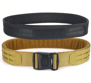 Close-up of tactical nylon belts in black and khaki with durable quick-release metal buckles