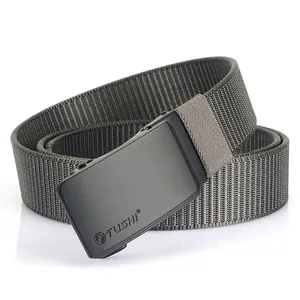 Men's casual grey nylon braided belt with black matte automatic buckle and TUSHI logo