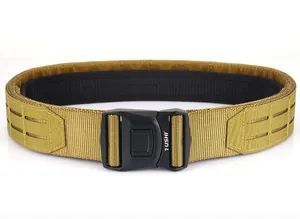 Close-up of the metal quick-release buckle on a coyote brown 2-inch tactical belt