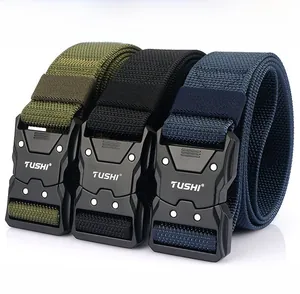 Detail of military nylon belts with heavy-duty metal quick-release tactical buckles