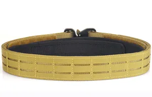 Macro view of khaki tactical MOLLE belt with laser-cut nylon and black metal quick-release buckle