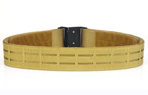 Detail of tan tactical belt featuring laser-cut MOLLE system and heavy-duty metal buckle