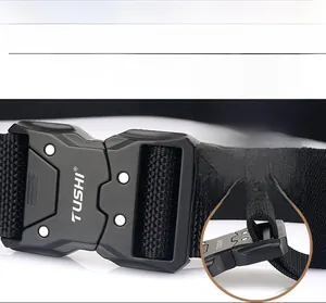 Detail of tactical nylon belt with quick-release alloy buckle and adjustable weave