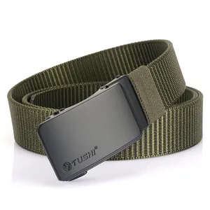 Men's olive green tactical nylon belt with black automatic buckle and TUSHI logo