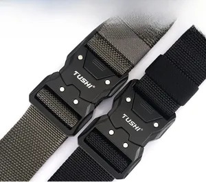 Detail of quick-release tactical nylon belts in black and gray with TUSHI buckles