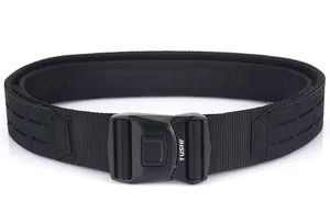 Close-up of durable nylon tactical belt with a quick-release metal buckle and TUSHI logo