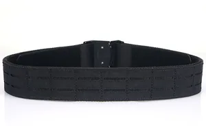 Detail of black 2-inch tactical belt with laser-cut MOLLE slots and metal quick-release buckle