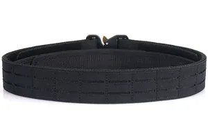 Macro shot of 2-inch black tactical belt with quick-release metal buckle and laser-cut MOLLE