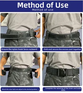 Step-by-step guide showing the tactical belt velcro attachment and quick release buckle