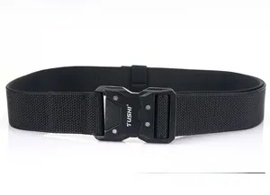 Detailed view of heavy-duty nylon tactical belt with quick-release metal buckle closure