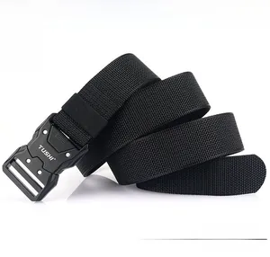 Detail of heavy-duty black tactical nylon belt with alloy quick-release buckle mechanism