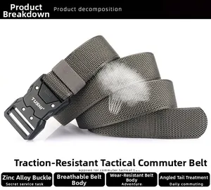 Detail of durable nylon tactical belt showing zinc alloy buckle and textured weave