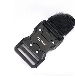Close-up of scratch-resistant zinc alloy quick release buckle on tactical nylon belt