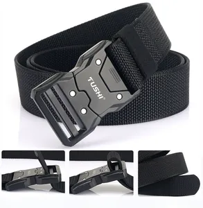 Detail view of tactical nylon belt with durable quick-release metal buckle and woven texture