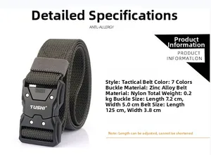 Detailed specs of green nylon tactical belt with zinc alloy quick-release buckle