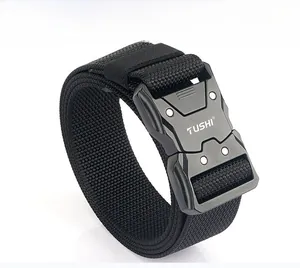 Detail of heavy-duty black tactical nylon belt with quick-release metal buckle closure