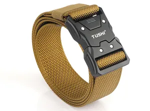 Close-up of quick-release matte buckle and durable nylon tactical belt in coyote brown
