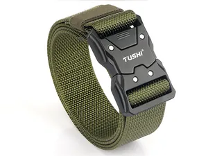 Detail of army green nylon tactical belt featuring quick-release buckle and TUSHI logo