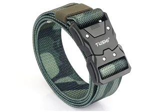 Detail of military tactical belt featuring quick release buckle and jungle camo nylon strap