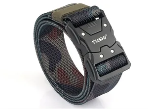 Detail of camouflaged nylon tactical belt with a sturdy black quick-release buckle