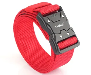 Close-up of durable red nylon tactical belt with quick-release metal buckle and logo
