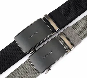 Detailed macro view of black and army green nylon tactical belts with matte automatic buckles