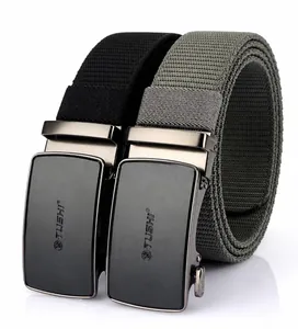 Close-up of black and army green tactical nylon belts with matte metal automatic buckles