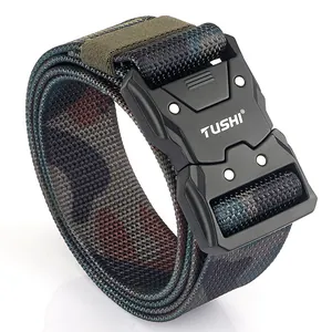 Tactical camouflage nylon belt with a black quick-release metal buckle on a white background